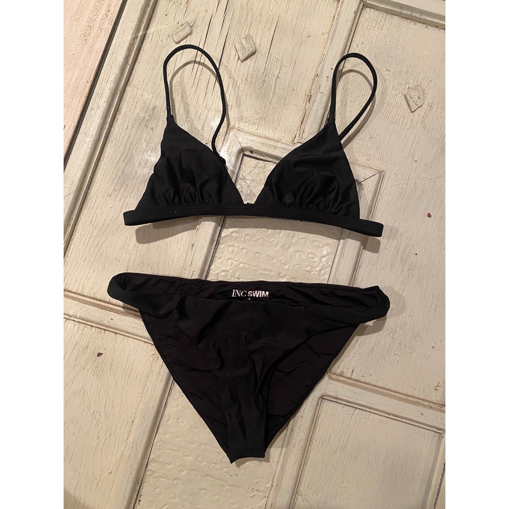 INC SWIM Triangle Bikini Top Set Size Small Black Stretch Swimwear Beach